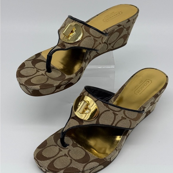 Coach Brown Signature Jacquard Thong Sandals with Gold Medallions - Picture 5 of 9